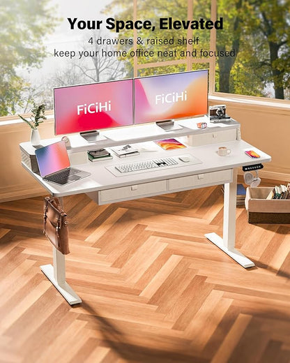 FiCiHi Adjustable Height Standing Desk with 4 Drawers,55 x 24 inches Electric Sit Stand Home Office Desk with Two Tiers, 3 Memory Presets, Monitor Stand Riser