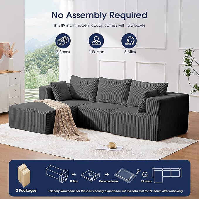 KINGYES 107'' Modular Sectional Sofa, L Shaped Cloud Couch for Living Room, Modern Boneless Sofa with Chaise for Bedroom, Gray