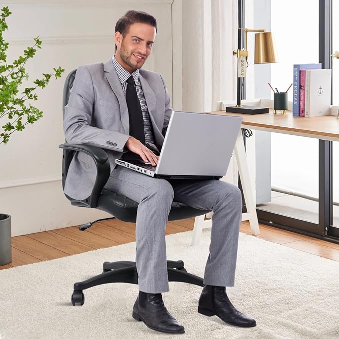 CLATINA Office Chair - Mid Back Leather Computer Desk Chair with Wheels, Ergonomic Executive Swivel Chair with Lumbar Support, Armrest for Home Office Black, 2 Pack
