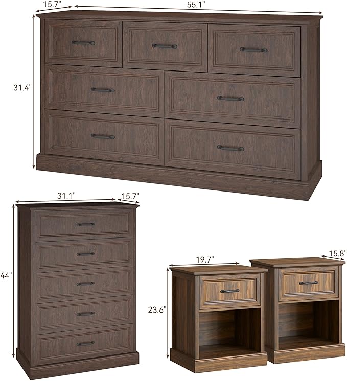 Farmhouse Dresser and Nightstand Sets, 4Pcs Bedroom Furniture Set, Nightstand Set of 2 & 55" Wide 7 Drawer and 44" Tall 5 Drawer Dresser with Large Drawers & Bar Handles, Brown
