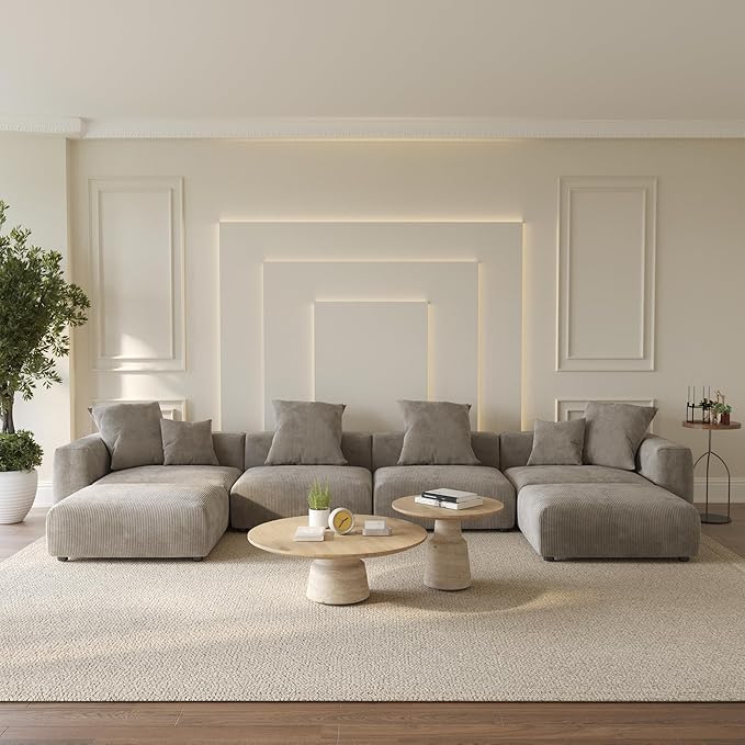 WJShome Cloud Couch Modular Sectional Sofa,181.1inch U Shaped Couch,Oversized Corduroy Couches with Ottoman and 6 Pillows,Brown 6 Seater,Cushion Covers Removable& Washable