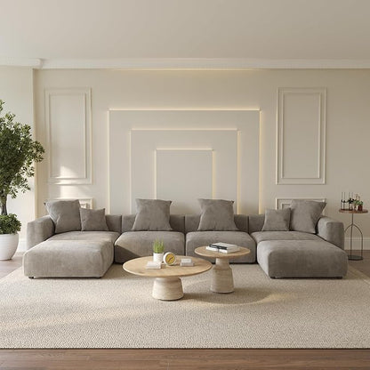 WJShome Cloud Couch Modular Sectional Sofa,181.1inch U Shaped Couch,Oversized Corduroy Couches with Ottoman and 6 Pillows,Brown 6 Seater,Cushion Covers Removable& Washable