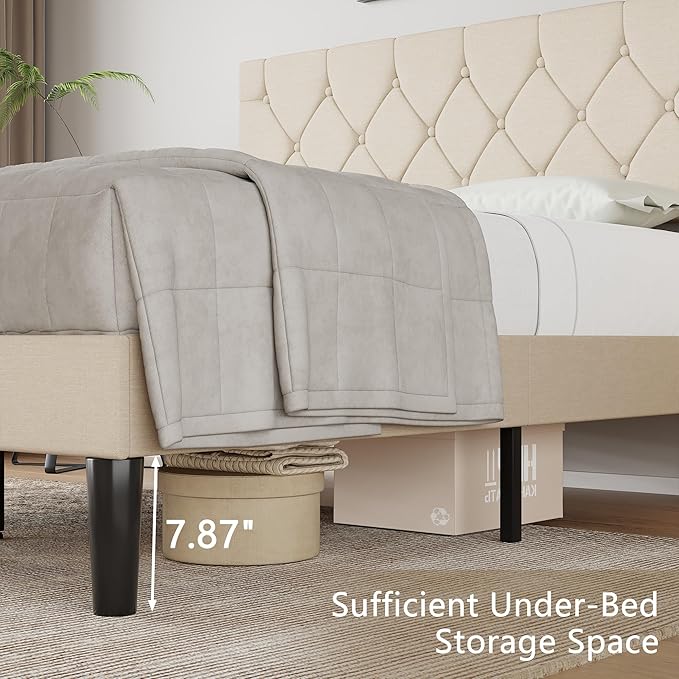 VECELO Queen Bed Frame with Button Tufted Headboard, Upholstered Platform with Wooden Slat Support, No Box Spring Needed, Cream Beige