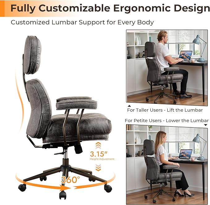 Ergonomic Office Chair Comfy with Lumbar Support, High Back Suede Leather Rolling Executive Desk Chair for Home Office & Gaming,360° Swivel, 300lbs (Grey)