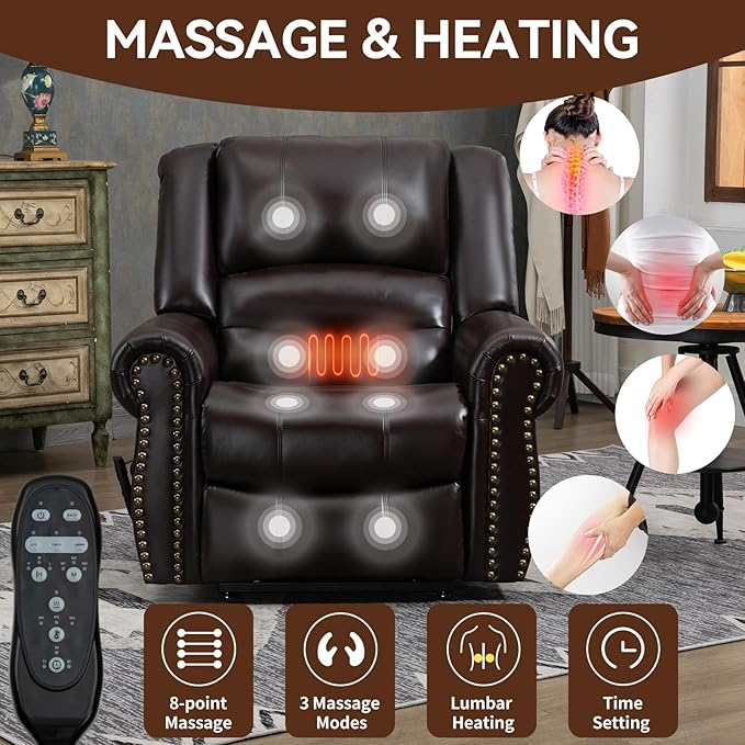 Luxlen Power Lift Recliner Chair for Elderly, Dual Motor Massage Recliner with Lumbar Heat, Heavy Duty Motion Mechanism Lift Chair with Charge Ports, Faux Leather - Antique Brown