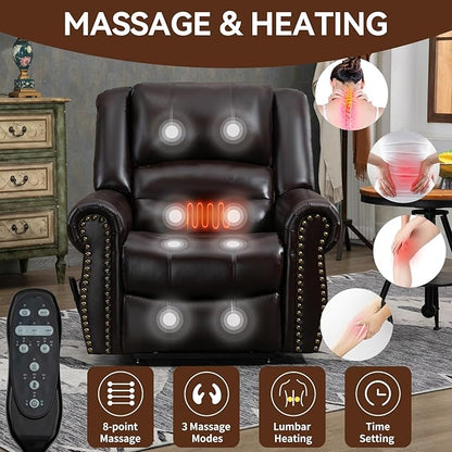 Luxlen Power Lift Recliner Chair for Elderly, Dual Motor Massage Recliner with Lumbar Heat, Heavy Duty Motion Mechanism Lift Chair with Charge Ports, Faux Leather - Antique Brown