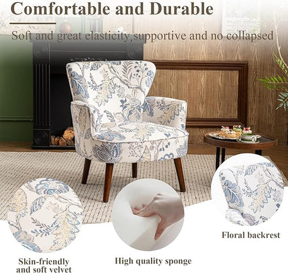 Floral Accent Chair, Upholstered Living Room Chairs with Solid Wood Legs, Mid Century Modern Velvet High Back Armchair for Living Room, Bedroom, Blue