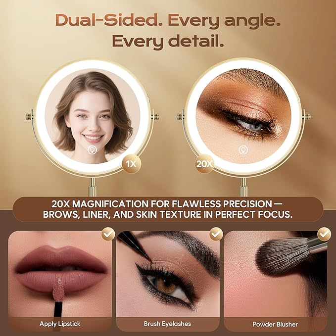Lighted Makeup Mirror, 5000 mAh Rechargeable Double Sided Magnifying Vanity Mirror with 3 Colors, 1x/20x, 360° Rotation , Brightness Adjustable lighted mirror with magnification, Antique Bronze