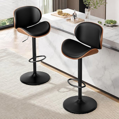 Furniliving Adjustable Bar Stools Set of 2, Swivel Bentwood Barstools Counter Height Bar Stools, Ergonomic Modern Bar Stools with Back Upholstered Barstools for Dining Room, Kitchen, Bar, Black, PU