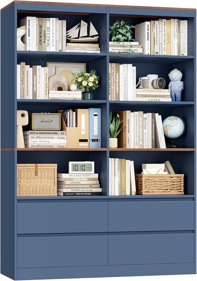 FINETONES 71" Bookshelf with Drawers, 47.3" Double Wide Bookshelves and Bookcases with Storage, Tall Bookshelf Large Open Book Shelf Standing Book Case for Home Office, Blue