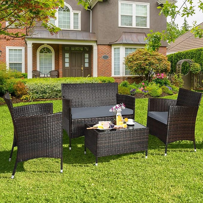 COSTWAY 4PCS Rattan Patio Furniture Set, Outdoor Wicker Rattan Chairs with Coffee Table, Rattan Cushioned Conversation Set for Backyard Balcony Porch Poolside, Grey