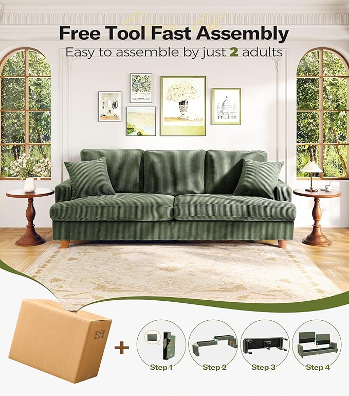 87in Corduroy Couch, Kidirect Sofa No Tool Assembly, Comfy Couches for Living Room 21in Deeper Seats, Corduroy Sofas for Living Room with 2 Pillows, Oversized Loveseat Sofa, Boho Love Seat Green Couch