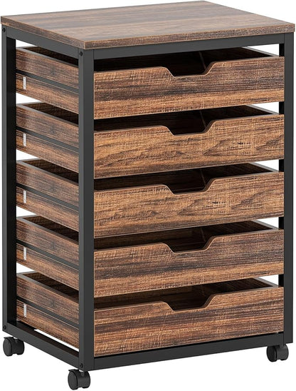 Tribesigns 5 Drawer Chest, Wood Storage Dresser Cabinet with Wheels, Industrial Storage Drawer Organizer Cart for Office Bedroom Entryway (Rustic Brown, 1 PC)