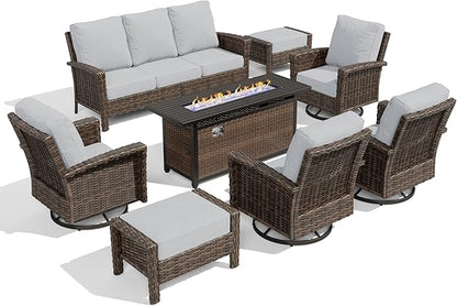 HERA'S HOUSE 8-Piece Outdoor Furniture Set with Fire Pit Table, Patio Conversation Set with 5.5" Thick Cushions & High Back Swivel Chairs, All-Weather Wicker Deep Seating Sofa with Ottomans, Grey