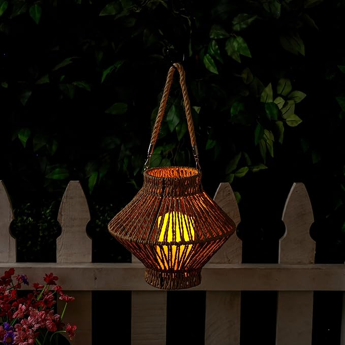 Alpine Corporation LAN420HH-BG-TM Hanging Woven Lantern with LED Candle and Timer, Boho Home Decor, 9" H, Beige