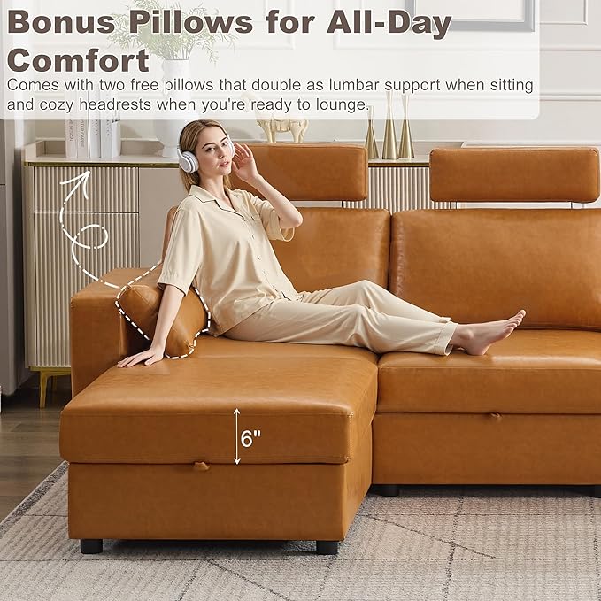 98.2" Oversized 3 Seater Storage Couch, Faux Leather Modular Sectional Sofa with Headrest & Side Pockets, Cloud Upholstered Couches Deep Seat, Sofas for Living Room Apartment Small Spaces, Brown