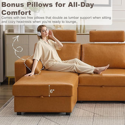 98.2" Oversized 3 Seater Storage Couch, Faux Leather Modular Sectional Sofa with Headrest & Side Pockets, Cloud Upholstered Couches Deep Seat, Sofas for Living Room Apartment Small Spaces, Brown