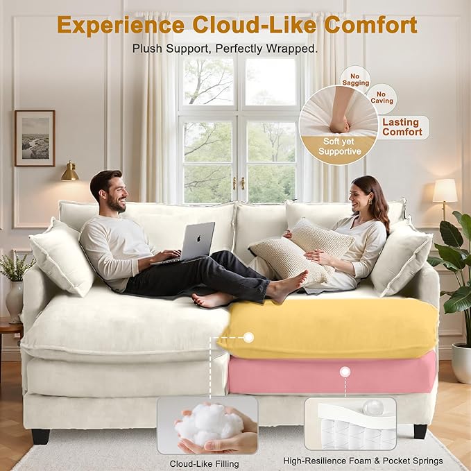 Expandable L-Shaped Sectional Sofa with Ottoman for Apartments, 77" Cloud Chenille Sofa, Create a U-Shape Layout with Optional 2nd Ottoman, Solid Wood Frame, Easy Assembly