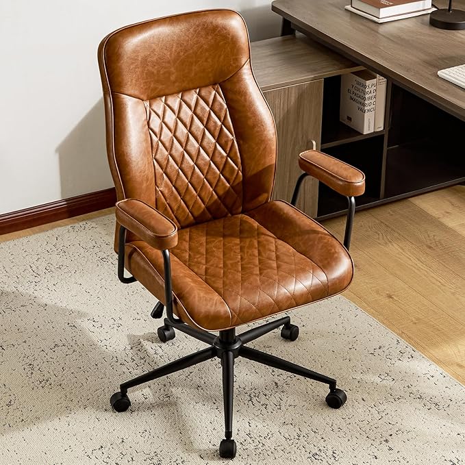 Leather Home Office Desk Chairs, Comfy Office Chair, Mid Century Modern Office Chair with Lumbar Support, Mid-Back Adjustable Swivel Computer Chair with Wheels and Arms, Brown