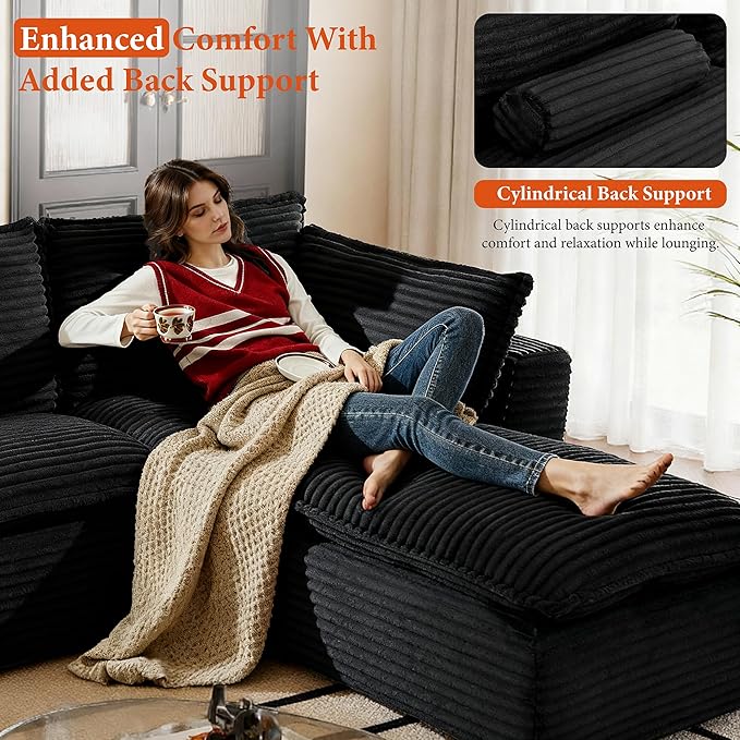 108" Sectional Couches for Living Room Boneless Couch Upholstered Cloud Couch Sectional Modular Sectional Sofa with L Shaped (Corduroy-Black, 3 Seat+2 Ottoman)