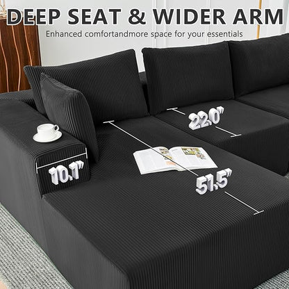 109" Cloud Sectional Couch, Boneless Couches for Living Room, Modular Sectional Sofa with Deep Seat, L-Shape Couch with Chaise, Comfy Corduroy Fluffy Modern Modular Sofa, No Assembly Required, Black