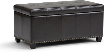 SIMPLIHOME Amelia 33 inch Wide Transitional Rectangle Storage Ottoman Bench in Tanners Brown Vegan Faux Leather, Assembled, For the Living Room, Entryway and Family Room