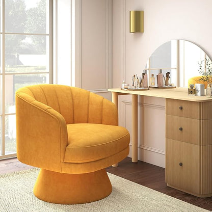 Swivel Accent Chair,Upholstered Velvet 360° Swivel Barrel Chair for Living Room Overstuffed Bouncle Reading Chair Round Armchair for Bedroom,Vanity,Office (Mustard)