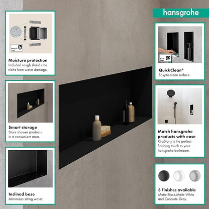 hansgrohe XtraStoris Original Recessed Wall Niche with Integrated Frame 12"x 36"x 4" in Matte Black, 56067670