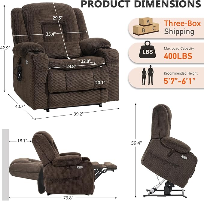EONIX Lay Flat Power Lift Recliner Chair with Heat and Massage, Dual Motor Electric Lift Chair for Elderly for Postoperative Recovery, 400lbs Heavy Duty, Cup Holders, Lumbar Pillow, Coffee