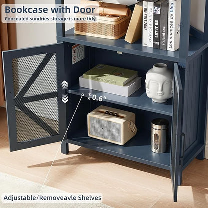 5 Tier Bookshelf 70" Tall Bookcase with Barn Doors,Large Farmhouse Display Book Shelf with Adjustable Shelves and Storage Cabinet，Library Wood Bookshelves for Living Room,Kitchen,Blue(3PCS)