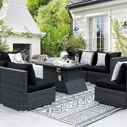 NICESOUL 9 Piece Outdoor Patio Sectional Furniture Set with Firepit Table Natural Gas/Propane, 29.3 High Back Comfy Conversations for Outside, 8 Seats Large Rattan Couch, 2 Color Cushion Black &Grey