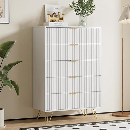 White Dresser for Bedroom, Fluted Modern Dresser with Gold Pulls and 5 Drawers, 15.7" D x 31.5" W x 47.2" H