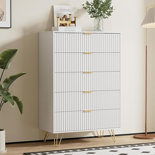 White Dresser for Bedroom, Fluted Modern Dresser with Gold Pulls and 5 Drawers, 15.7" D x 31.5" W x 47.2" H