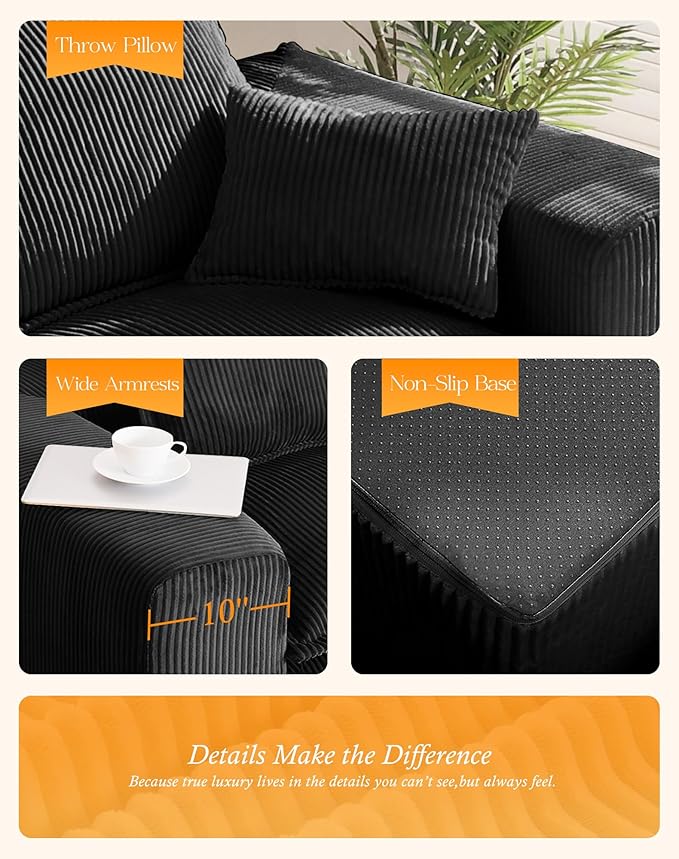 107" Comfy Cloud Couch with L-Shape Chaise & Deep Seat, Modular Sectional Sofa in a Box, Boneless Upholstered Couches for Living Room, No Assembly Required (Soft Corduroy, Black)