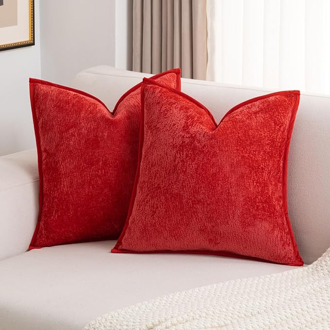FUTEI Christmas Red Chenille Throw Pillow Covers 18x18 Inch Set of 2,Soft Cozy Bound Edge Design Cushion Case,Home Decor for Couch Bed Living Room