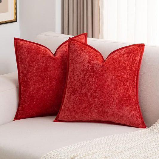 FUTEI Christmas Red Chenille Throw Pillow Covers 18x18 Inch Set of 2,Soft Cozy Bound Edge Design Cushion Case,Home Decor for Couch Bed Living Room