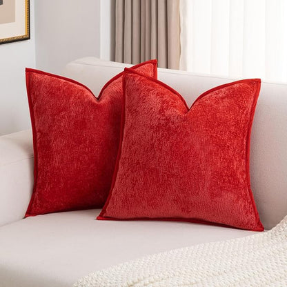 FUTEI Christmas Red Chenille Throw Pillow Covers 16x16 Inch Set of 2,Soft Cozy Bound Edge Design Cushion Case,Home Decor for Couch Bed Living Room