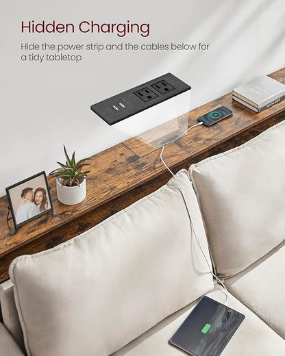 VASAGLE 70.9-Inch Console Table with Outlet and Shelves, Sofa Table with Charging Station, Behind Couch Table Skinny, Entryway Table for Hallway, Living Room, Rustic Brown and Ink Black ULNT118B01