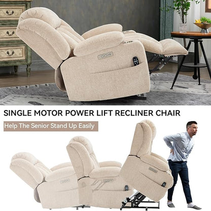 Power Lift Recliner Chair, 350lb Capacity with 8-Point Massage & Heating, USB/Type-C Ports & Cup Holders, Heavy Duty Chenille Recliner for Elderly, Beige