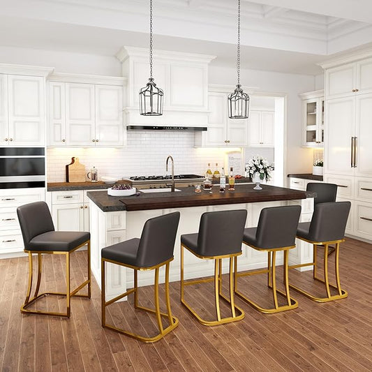 PHI VILLA Grey and Gold Bar Stools Set of 6, Faux Leather Counter Height Chairs, Kitchen Stools for Island, 24 Inch Barstools with Back