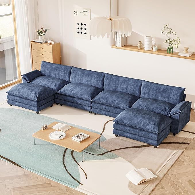 Furniwell Modular Sectional Sofa with Moveable Ottoman, Oversized 3-Seater Couch with Supportive Backrest, Chenille Convertible Sofa Couches for Living Room/Apartment (Blue, U Shaped)