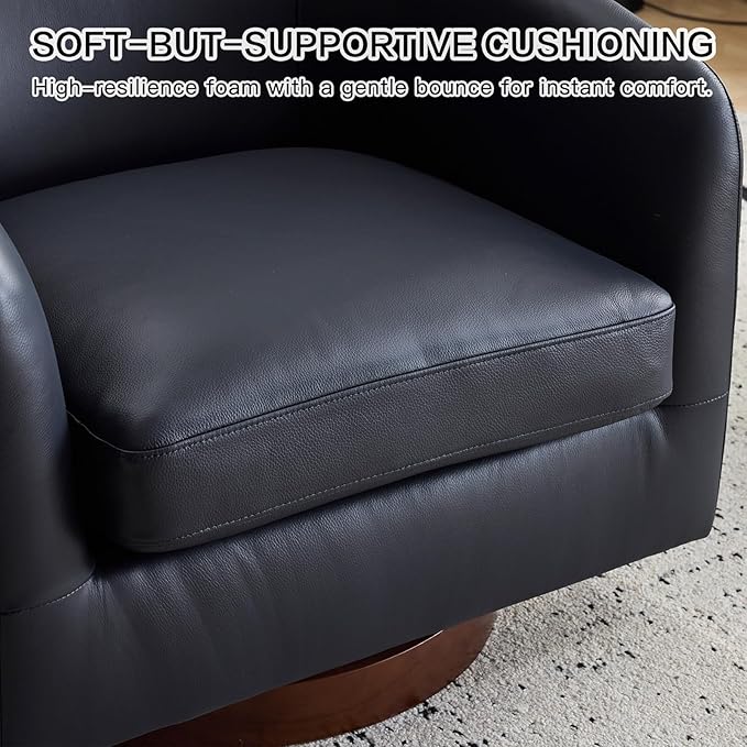 AEDI Genuine Leather Swivel Accent Chair with Solid Wood Base, Upholstered Barrel Armchair for Living Room, Modern Small Club Chair,Dark Blue