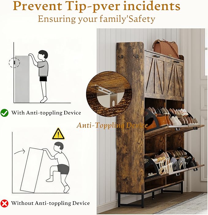 Shoe Cabinet Storage for Entryway, Shoe Storage Cabinet with 6 Flip Drawers, Freestanding Narrow Shoe Rack Organizer with Metal Legs, Adjustable Shelves & Open Storage for Foyer, Hallway, Brown