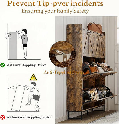 Shoe Cabinet Storage for Entryway, Shoe Storage Cabinet with 6 Flip Drawers, Freestanding Narrow Shoe Rack Organizer with Metal Legs, Adjustable Shelves & Open Storage for Foyer, Hallway, Brown