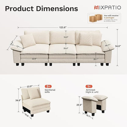 123" Cloud Modular Sectional Sofa, 3-Seater w/Deep Seat & Removable Arms, Plush Corduroy for Living Room - Beige