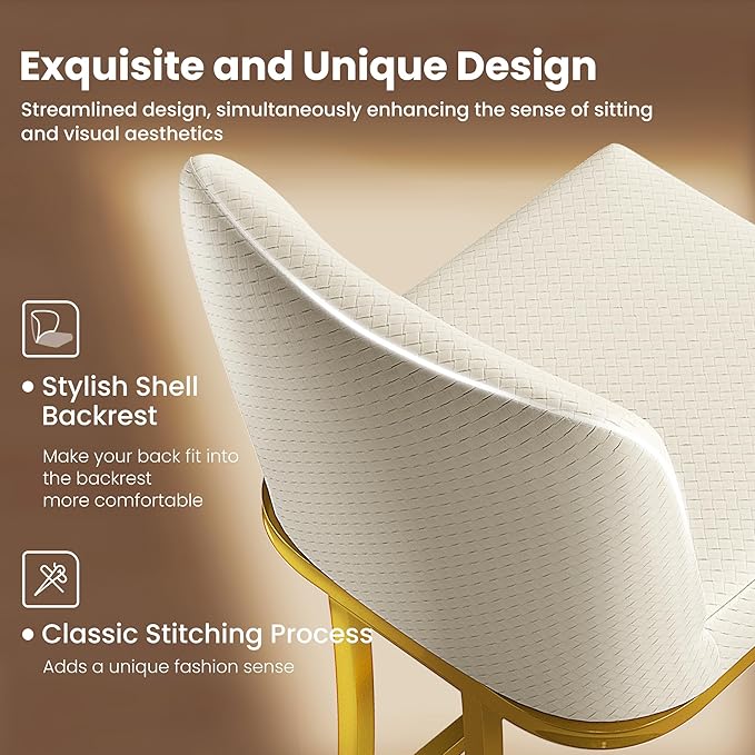 PHI VILLA White and Gold Bar Stools Set of 2, Faux Leather Counter Height Chairs, Kitchen Stools for Island, 24 Inch Barstools with Back