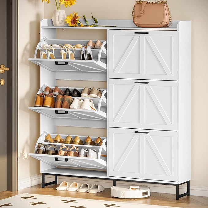 Shoe Cabinet Storage for Entryway, Shoe Storage Cabinet with 6 Flip Drawers, Freestanding Narrow Shoe Rack Organizer with Metal Legs, Adjustable Shelves & Open Storage for Foyer, Hallway, White
