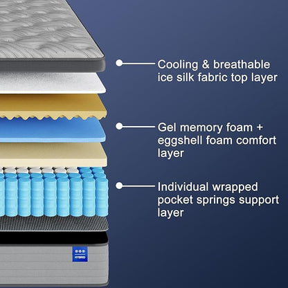 Firm Queen Size Mattress 14 Inch Hybrid Queen Mattress with Gel Memory Foam-Cooling Ice Silk Top, Support&Back Pain Relief, Individual Pocket Spring, CertiPUR-US Certified Mattress in a Box