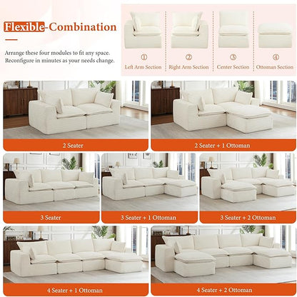 108" Sectional Couches for Living Room Boneless Couch Upholstered Cloud Couch Sectional Modular Sectional Sofa with L Shaped (Corduroy-White, 3 Seat+2 Ottoman)