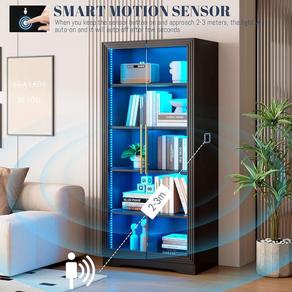 Vlsrka 65" File Cabinet, Filing Cabinets Fit Letter/A4 Size, Storage Cabinet with Doors & Lights, Tall File Bookcase with 2 Adjustable Shelves for Home Office, Living Room, Black